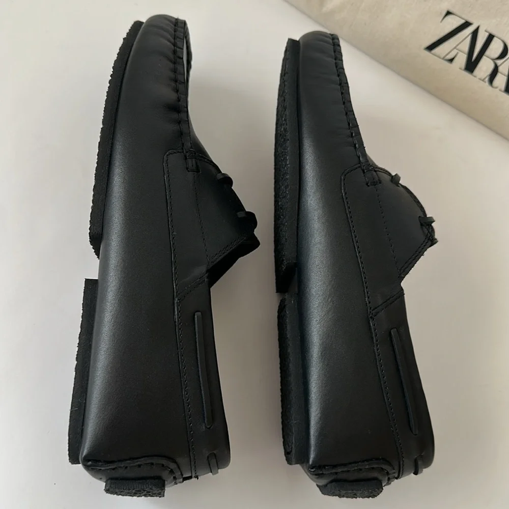 Zara Men's Black Leather Boat Shoes Size 7